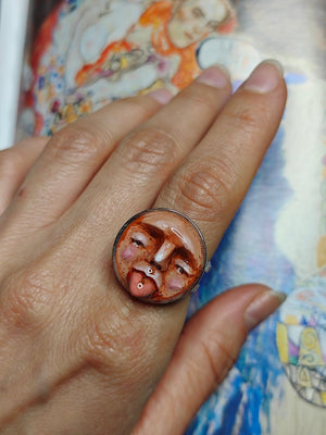 Sad Face Tongue Out Ring – Handmade Clay & Resin Surreal Statement Jewelry, Sculptural Fantasy Wearable Art with Adjustable Stainless Steel Band - SAMA