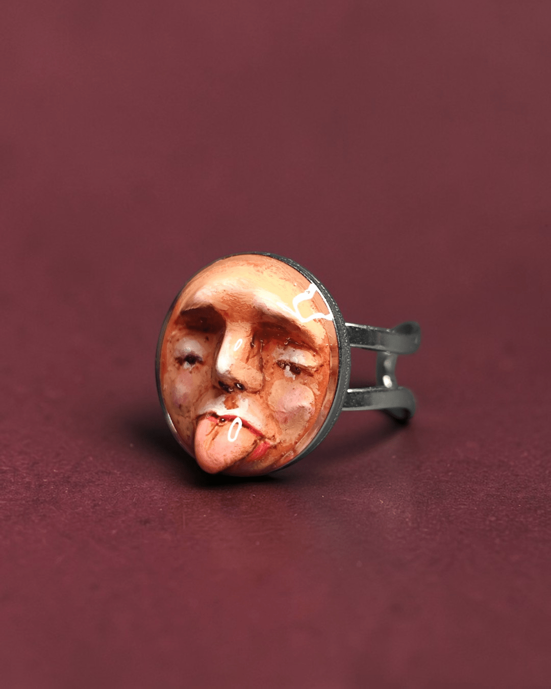 Sad Face Tongue Out Ring – Handmade Clay & Resin Surreal Statement Jewelry, Sculptural Fantasy Wearable Art with Adjustable Stainless Steel Band - SAMA