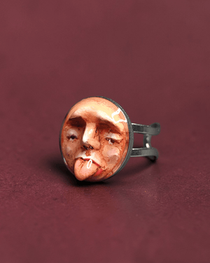 Sad Face Tongue Out Ring – Handmade Clay & Resin Surreal Statement Jewelry, Sculptural Fantasy Wearable Art with Adjustable Stainless Steel Band - SAMA