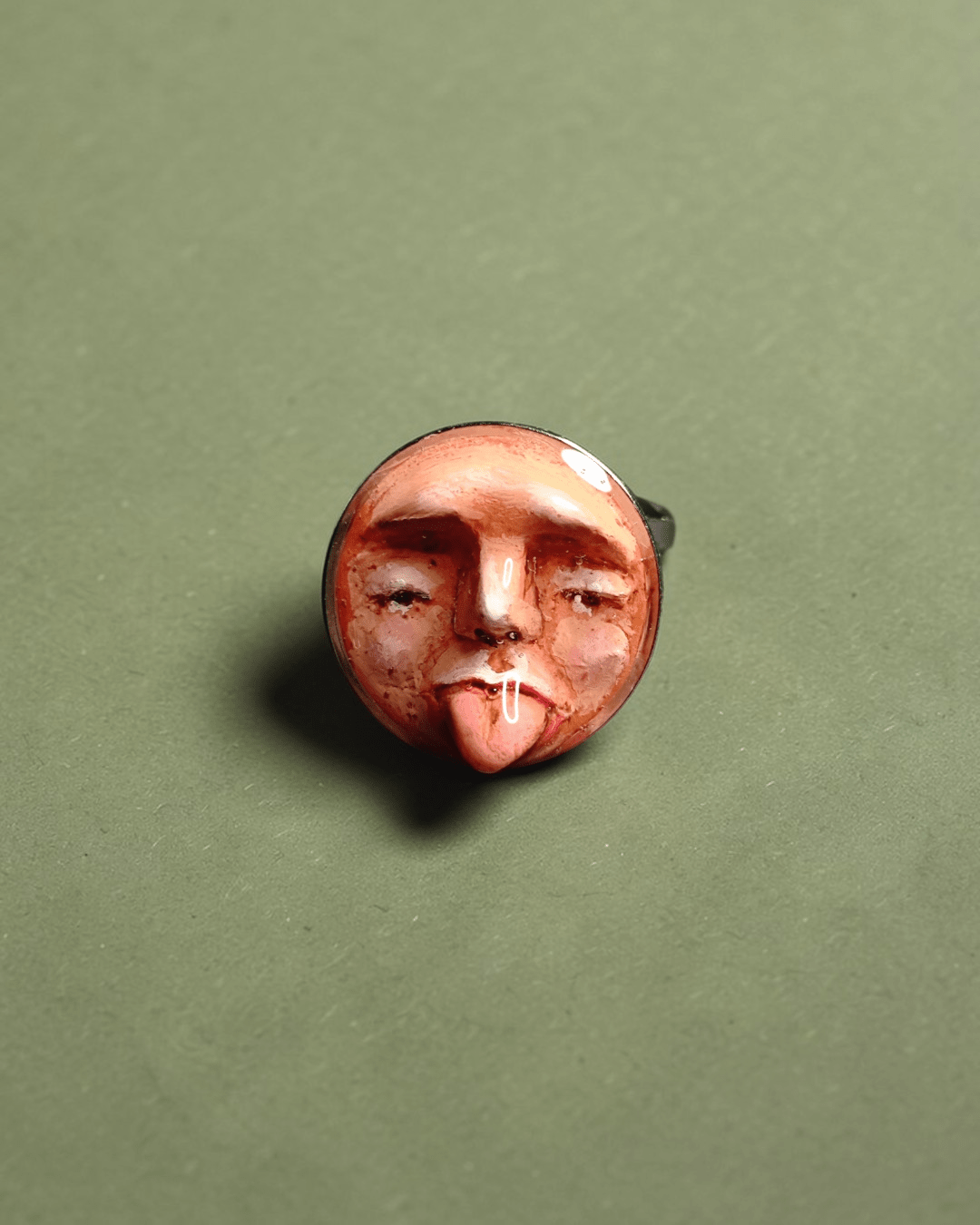 Sad Face Tongue Out Ring – Handmade Clay & Resin Surreal Statement Jewelry, Sculptural Fantasy Wearable Art with Adjustable Stainless Steel Band - SAMA