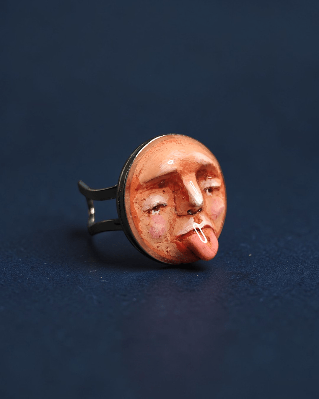 Sad Face Tongue Out Ring – Handmade Clay & Resin Surreal Statement Jewelry, Sculptural Fantasy Wearable Art with Adjustable Stainless Steel Band - SAMA