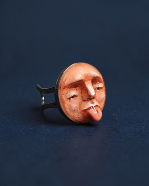 Sad Face Tongue Out Ring – Handmade Clay & Resin Surreal Statement Jewelry, Sculptural Fantasy Wearable Art with Adjustable Stainless Steel Band - SAMA