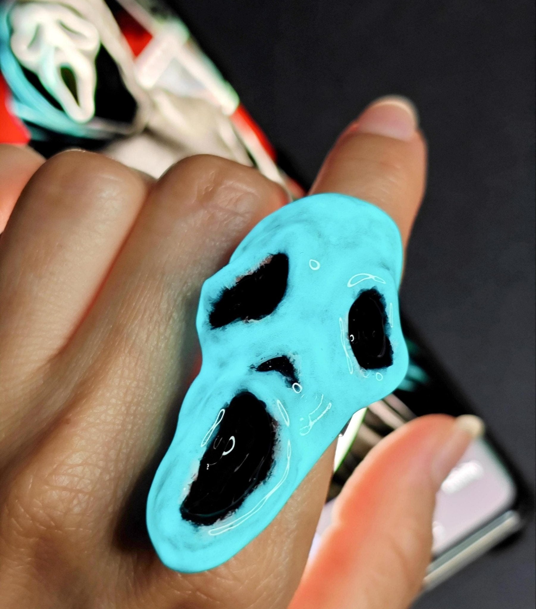 Scream Mask Glow Ring – Handmade Clay & Resin Horror Statement Jewelry, Dark Surreal Wearable Art on Adjustable Stainless Steel Band OOAK