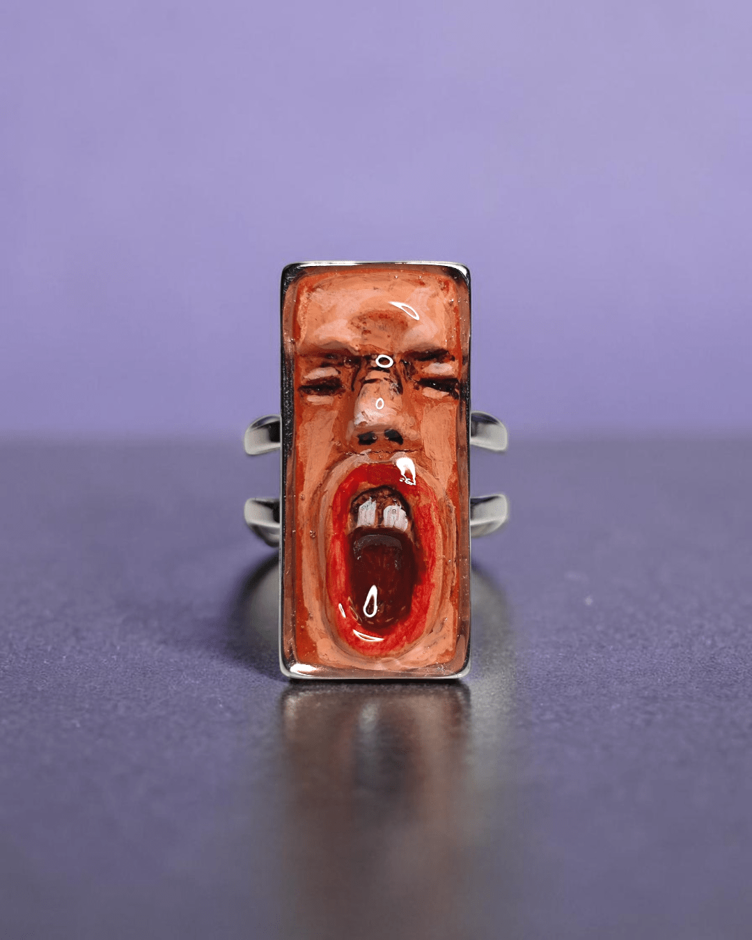 Shouting Face Ring – Handmade Clay & Resin Expressionist Statement Jewelry with Adjustable Stainless Steel Band - SAMA