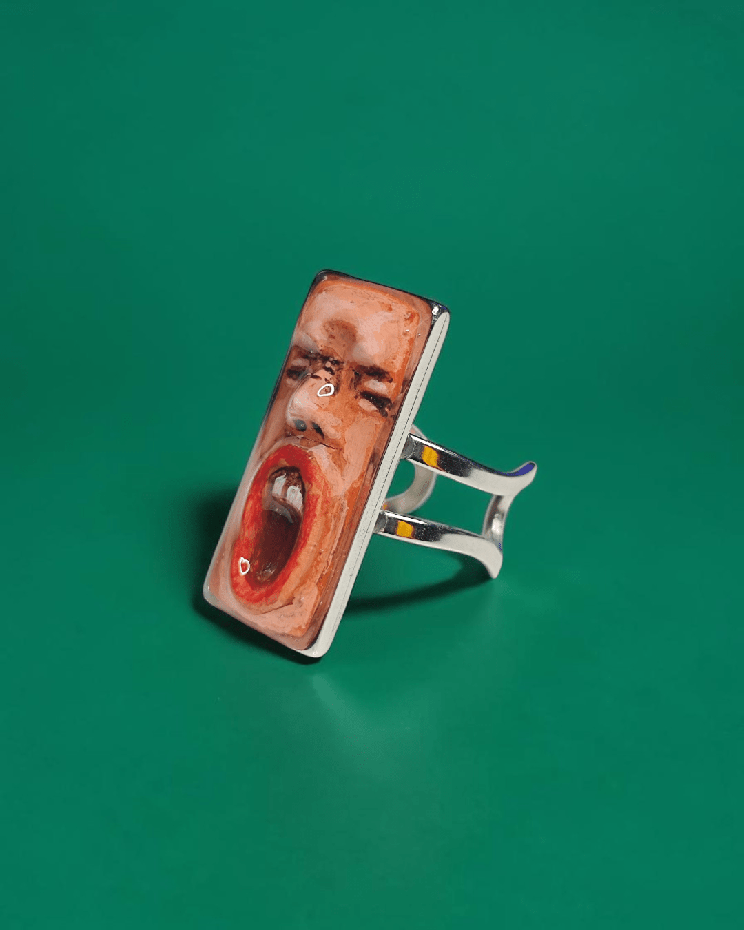 Shouting Face Ring – Handmade Clay & Resin Expressionist Statement Jewelry with Adjustable Stainless Steel Band - SAMA