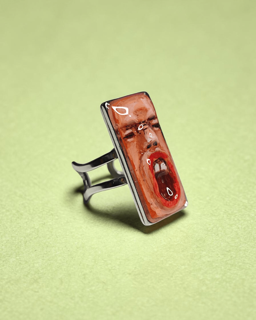 Shouting Face Ring – Handmade Clay & Resin Expressionist Statement Jewelry with Adjustable Stainless Steel Band - SAMA