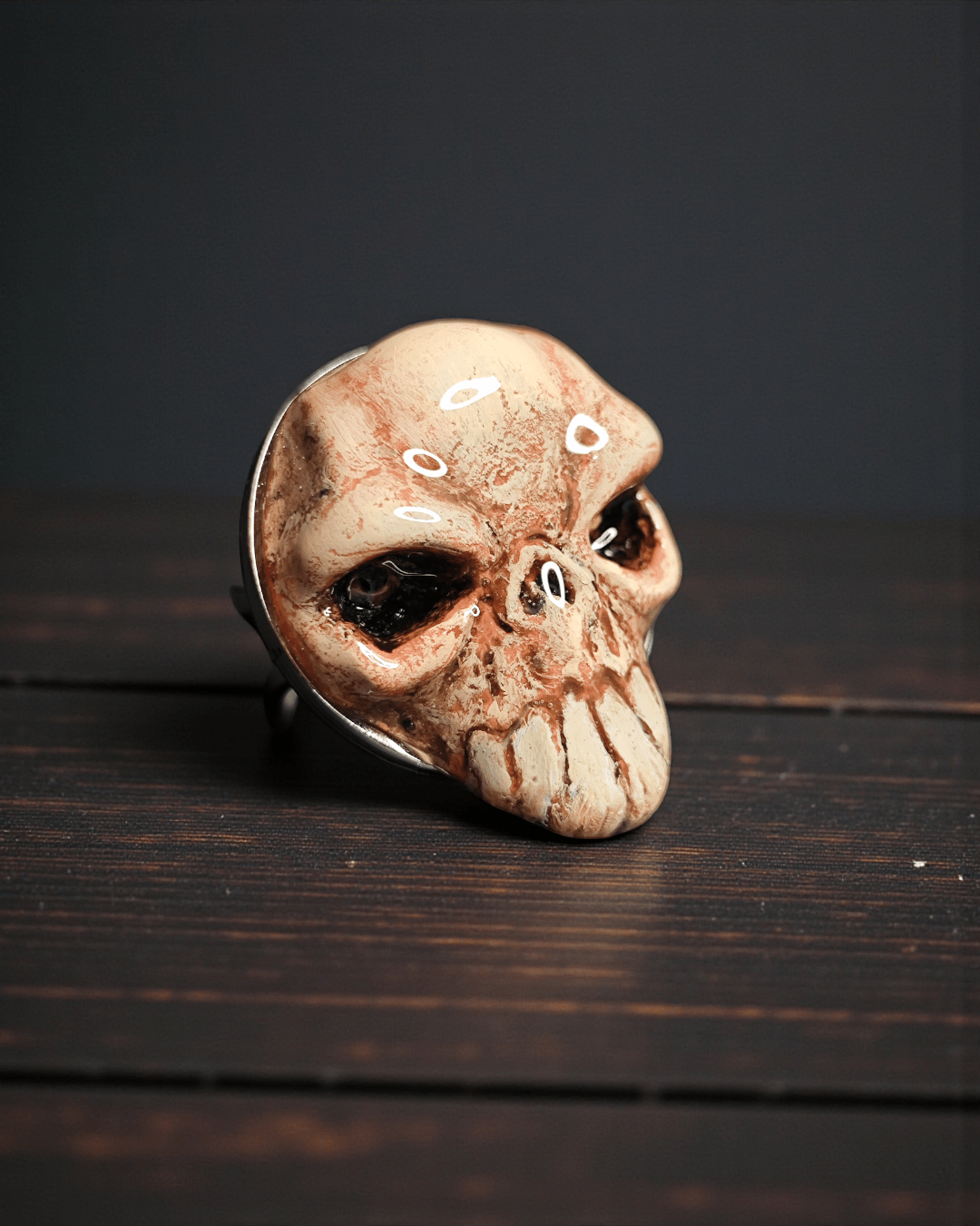 Skull Ring – Handmade Clay & Resin Surreal Statement Jewelry with Adjustable Stainless Steel Band OOAK - SAMA