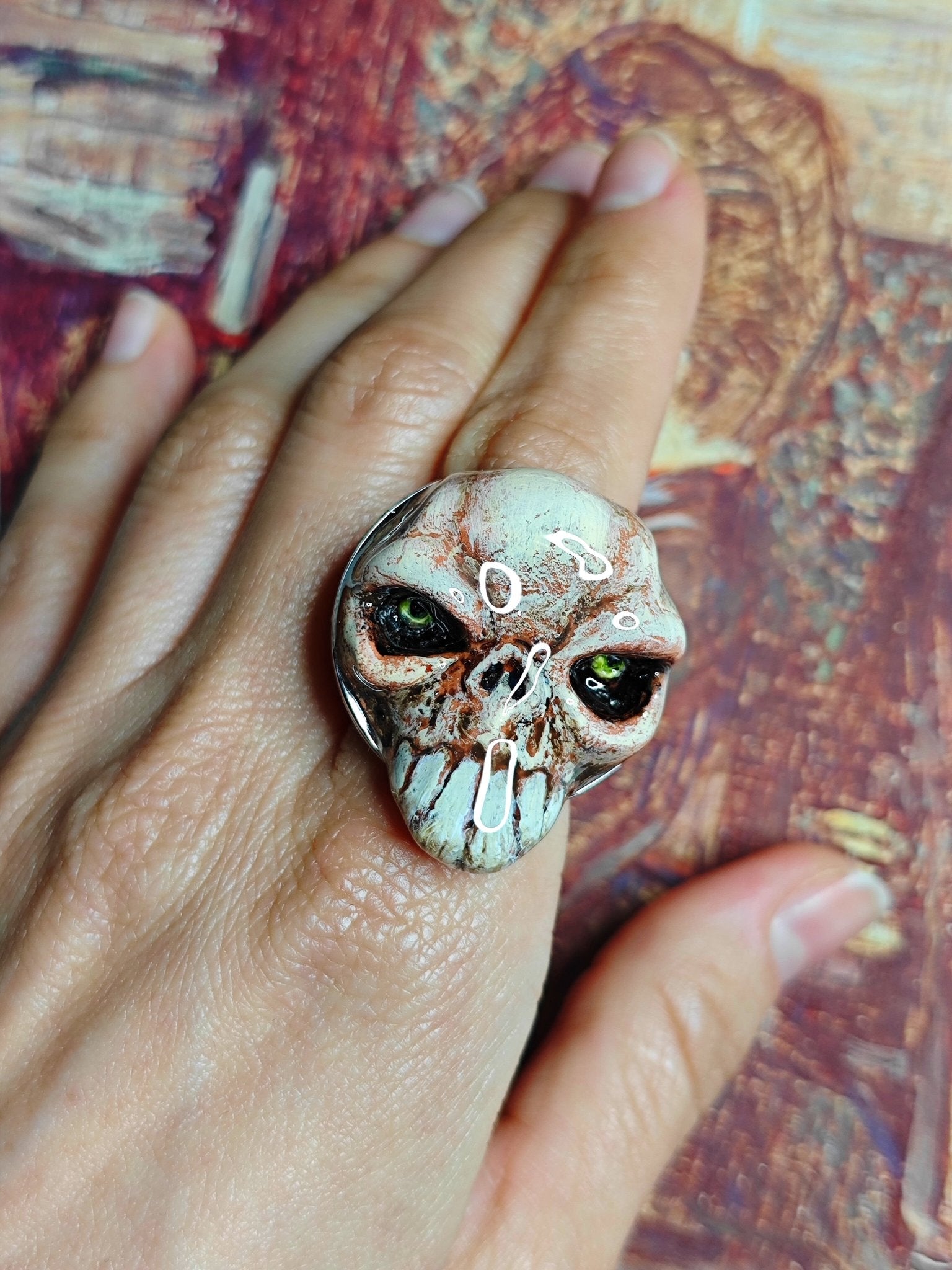 Skull Ring – Handmade Clay & Resin Surreal Statement Jewelry with Adjustable Stainless Steel Band OOAK - SAMA