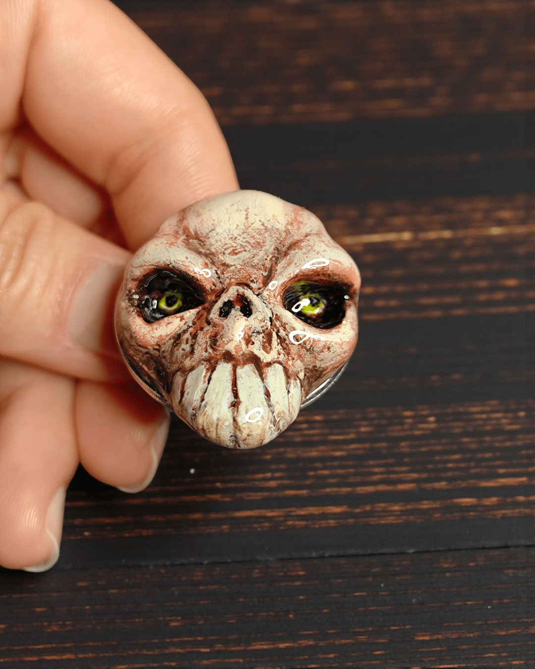 Skull Ring – Handmade Clay & Resin Surreal Statement Jewelry with Adjustable Stainless Steel Band OOAK - SAMA