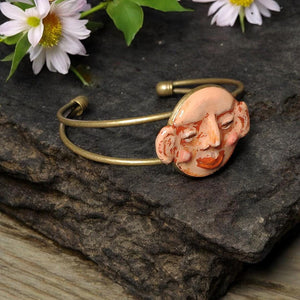 Smiling Face Bracelet – Handmade Clay & Resin Surreal Statement Jewelry, Sculptural Artistic Wearable Art with Adjustable Copper Band OOAK