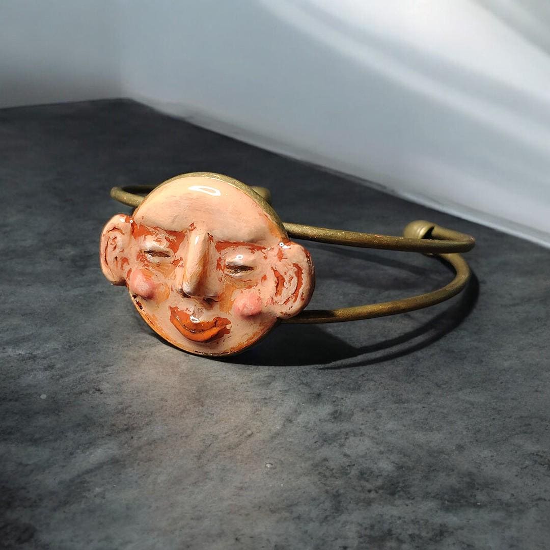 Smiling Face Bracelet – Handmade Clay & Resin Surreal Statement Jewelry, Sculptural Artistic Wearable Art with Adjustable Copper Band OOAK