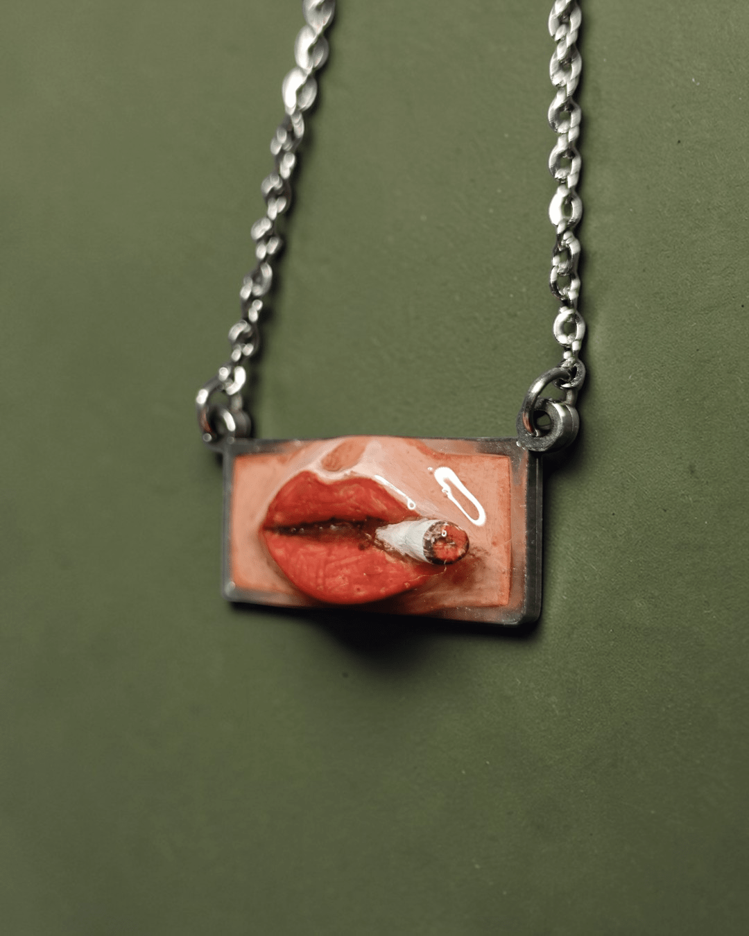 Smoking Cigar Necklace – Handmade Clay & Resin Surreal Statement Jewelry, Sculptural Fantasy Wearable Art with Stainless Steel Chain / Pendant - SAMA