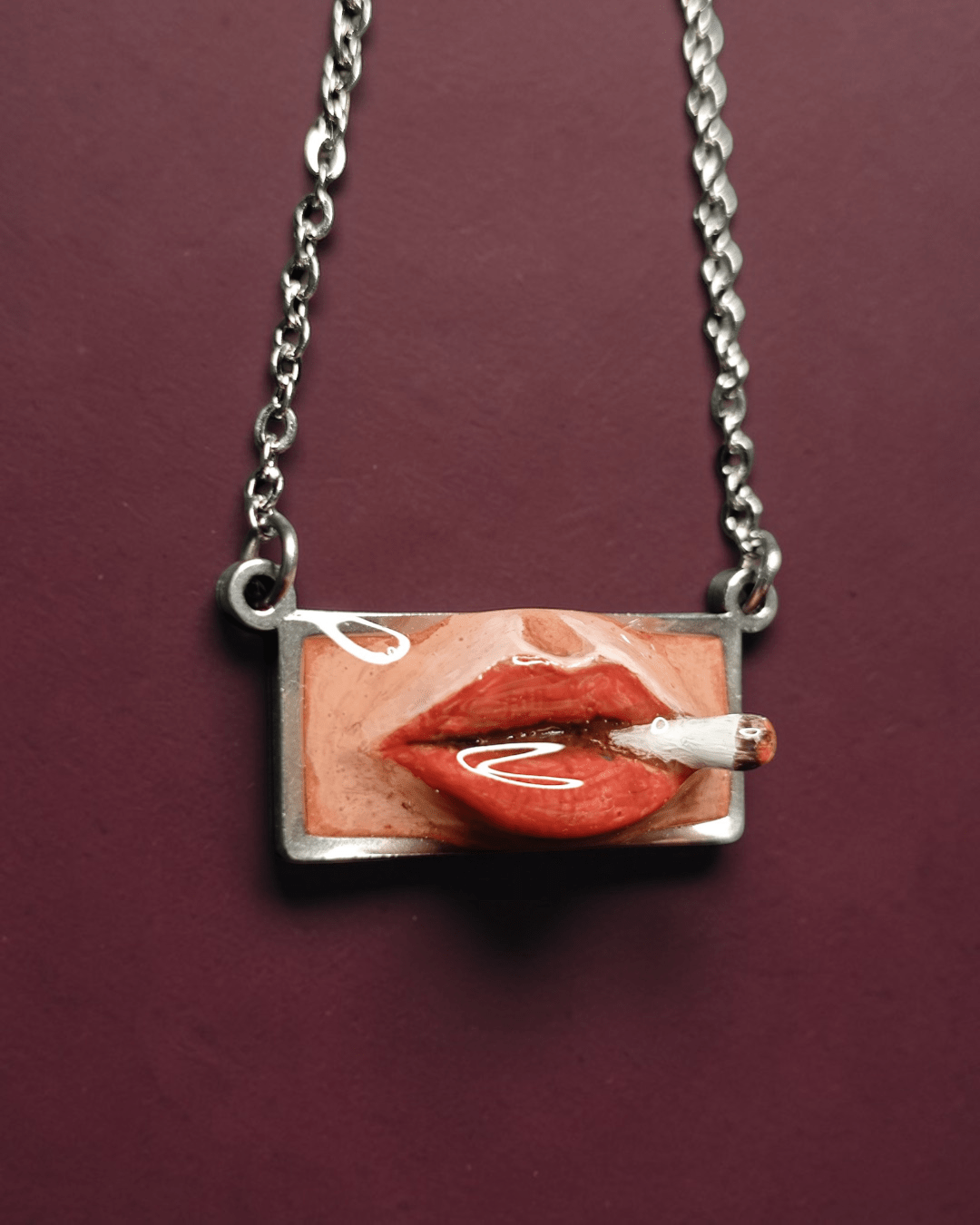 Smoking Cigar Necklace – Handmade Clay & Resin Surreal Statement Jewelry, Sculptural Fantasy Wearable Art with Stainless Steel Chain / Pendant - SAMA