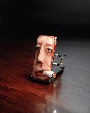 Smoking Cigar Ring – Handmade Clay & Resin Surreal Statement Jewelry, Sculptural Wearable Art with Adjustable Stainless Steel Band