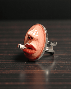 Smoking Cigar Ring – Handmade Clay & Resin Surreal Statement Jewelry, Sculptural Wearable Art with Adjustable Stainless Steel Band - SAMA