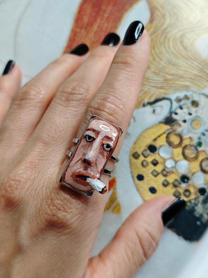 Smoking Cigar Ring – Handmade Clay & Resin Surreal Statement Jewelry, Sculptural Wearable Art with Adjustable Stainless Steel Band