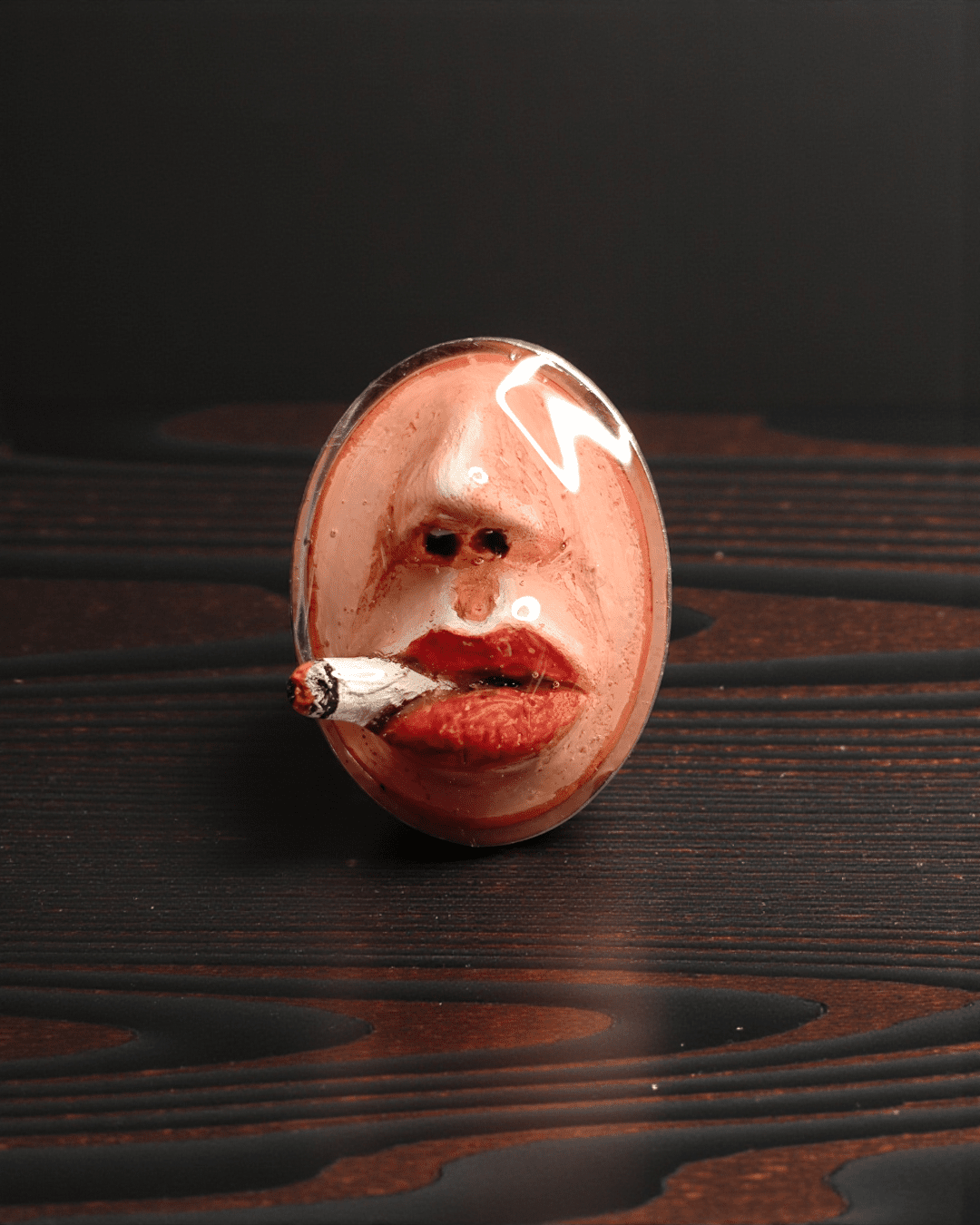 Smoking Cigar Ring – Handmade Clay & Resin Surreal Statement Jewelry, Sculptural Wearable Art with Adjustable Stainless Steel Band - SAMA