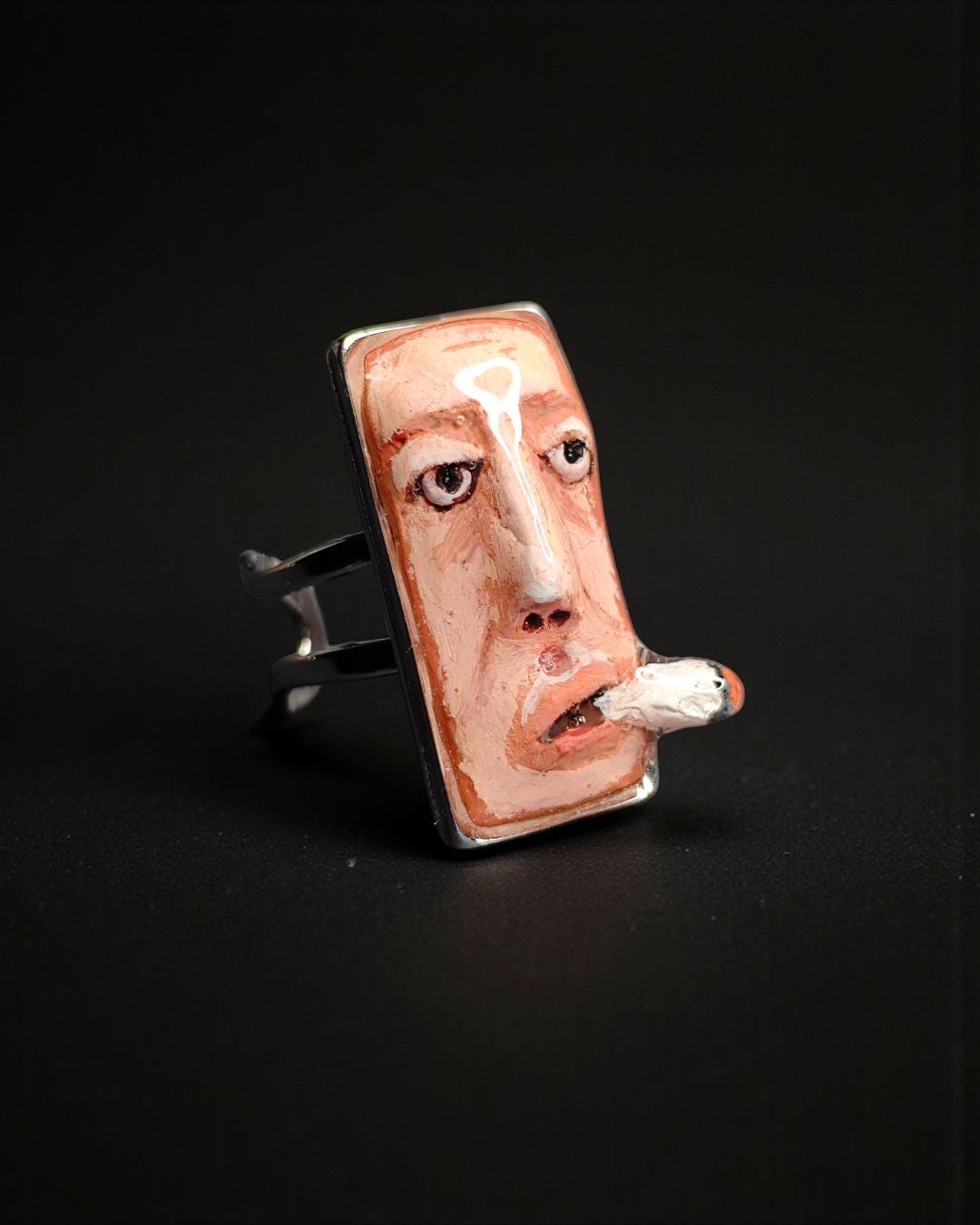 Smoking Cigar Ring – Handmade Clay & Resin Surreal Statement Jewelry, Sculptural Wearable Art with Adjustable Stainless Steel Band