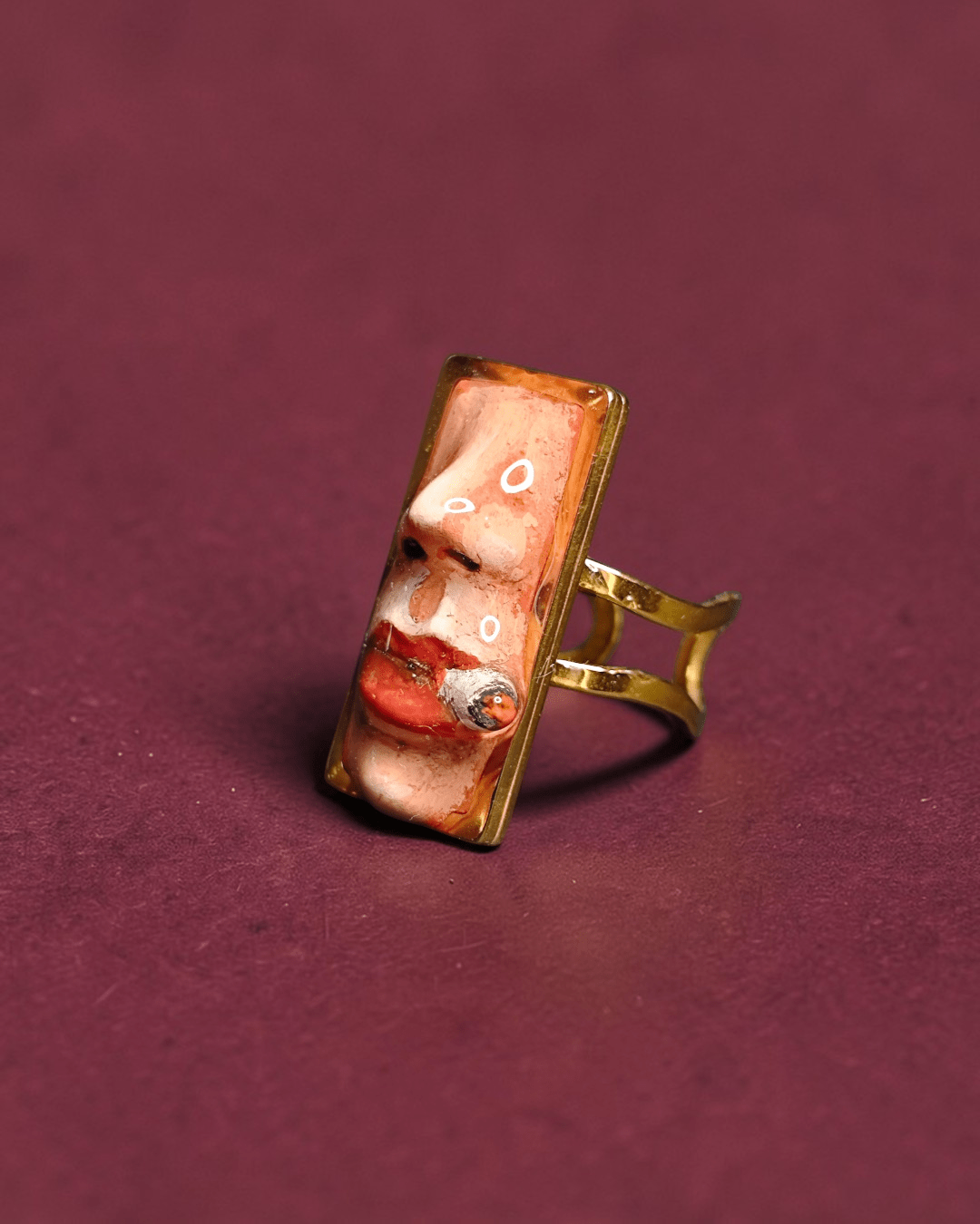Smoking Cigar Ring – Handmade Clay & Resin Surreal Statement Jewelry, Sculptural Wearable Art with Adjustable Stainless Steel Band - SAMA