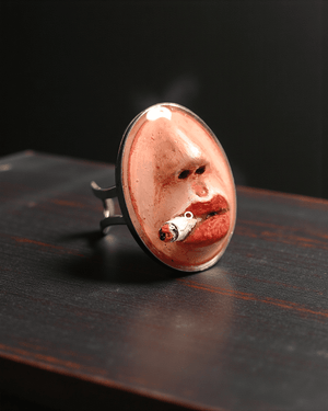 Smoking Cigar Ring – Handmade Clay & Resin Surreal Statement Jewelry, Sculptural Wearable Art with Adjustable Stainless Steel Band - SAMA