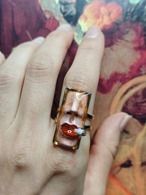 Smoking Cigar Ring – Handmade Clay & Resin Surreal Statement Jewelry, Sculptural Wearable Art with Adjustable Stainless Steel Band - SAMA