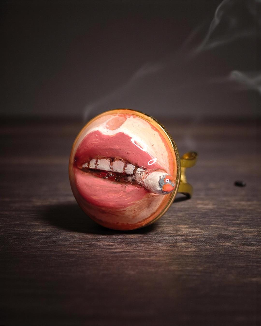 Smoking Cigar Ring – Handmade Clay & Resin Surreal Statement Jewelry, Sculptural Wearable Art with Adjustable Stainless Steel Band