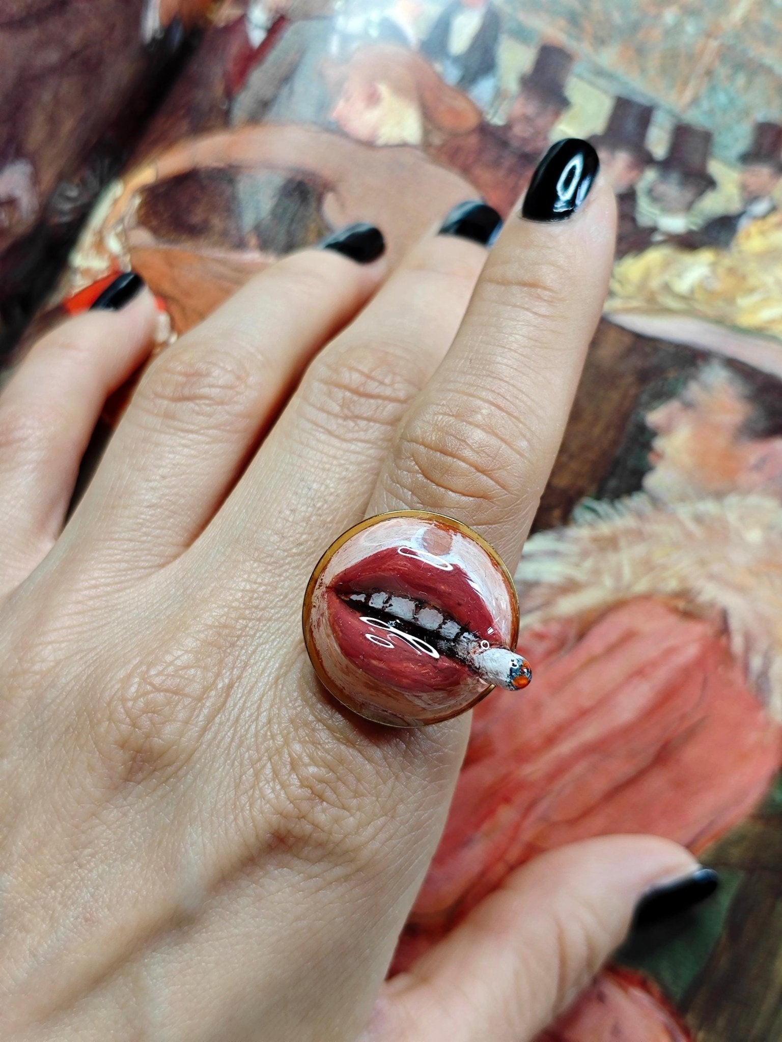 Smoking Cigar Ring – Handmade Clay & Resin Surreal Statement Jewelry, Sculptural Wearable Art with Adjustable Stainless Steel Band