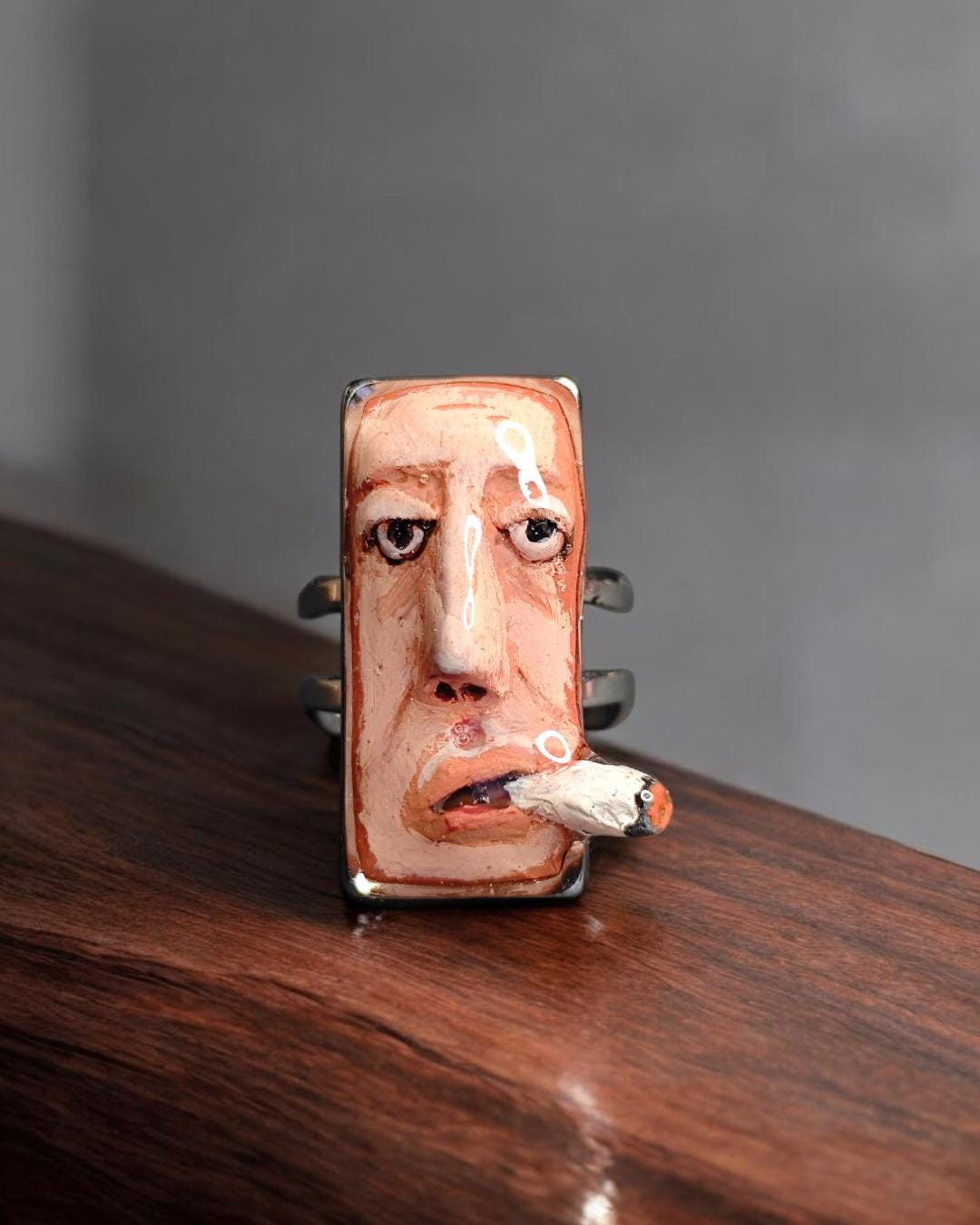 Smoking Cigar Ring – Handmade Clay & Resin Surreal Statement Jewelry, Sculptural Wearable Art with Adjustable Stainless Steel Band