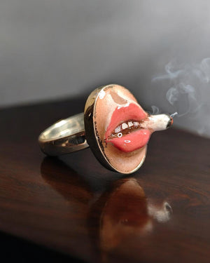 Smoking Cigar Ring – Handmade Clay & Resin Surreal Statement Jewelry, Sculptural Wearable Art with Sterling Silver S925 Band