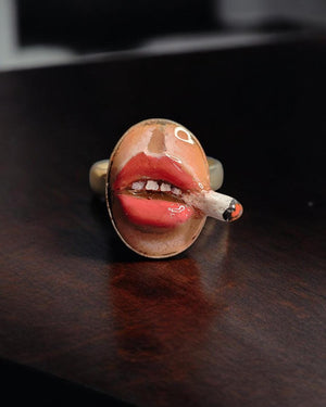 Smoking Cigar Ring – Handmade Clay & Resin Surreal Statement Jewelry, Sculptural Wearable Art with Sterling Silver S925 Band