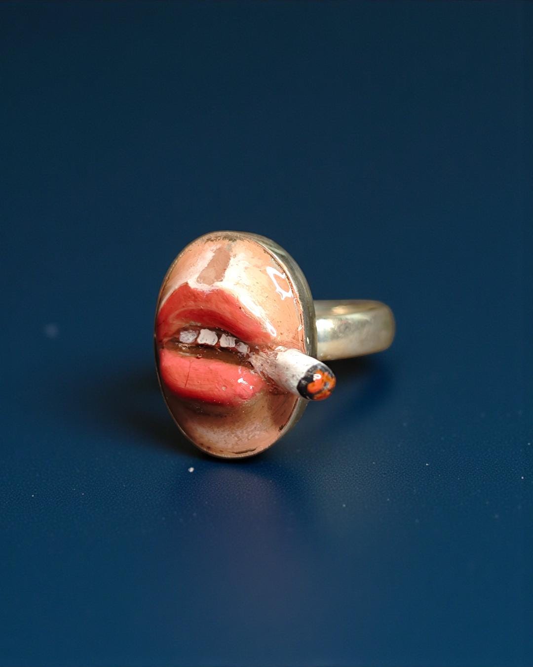 Smoking Cigar Ring – Handmade Clay & Resin Surreal Statement Jewelry, Sculptural Wearable Art with Sterling Silver S925 Band