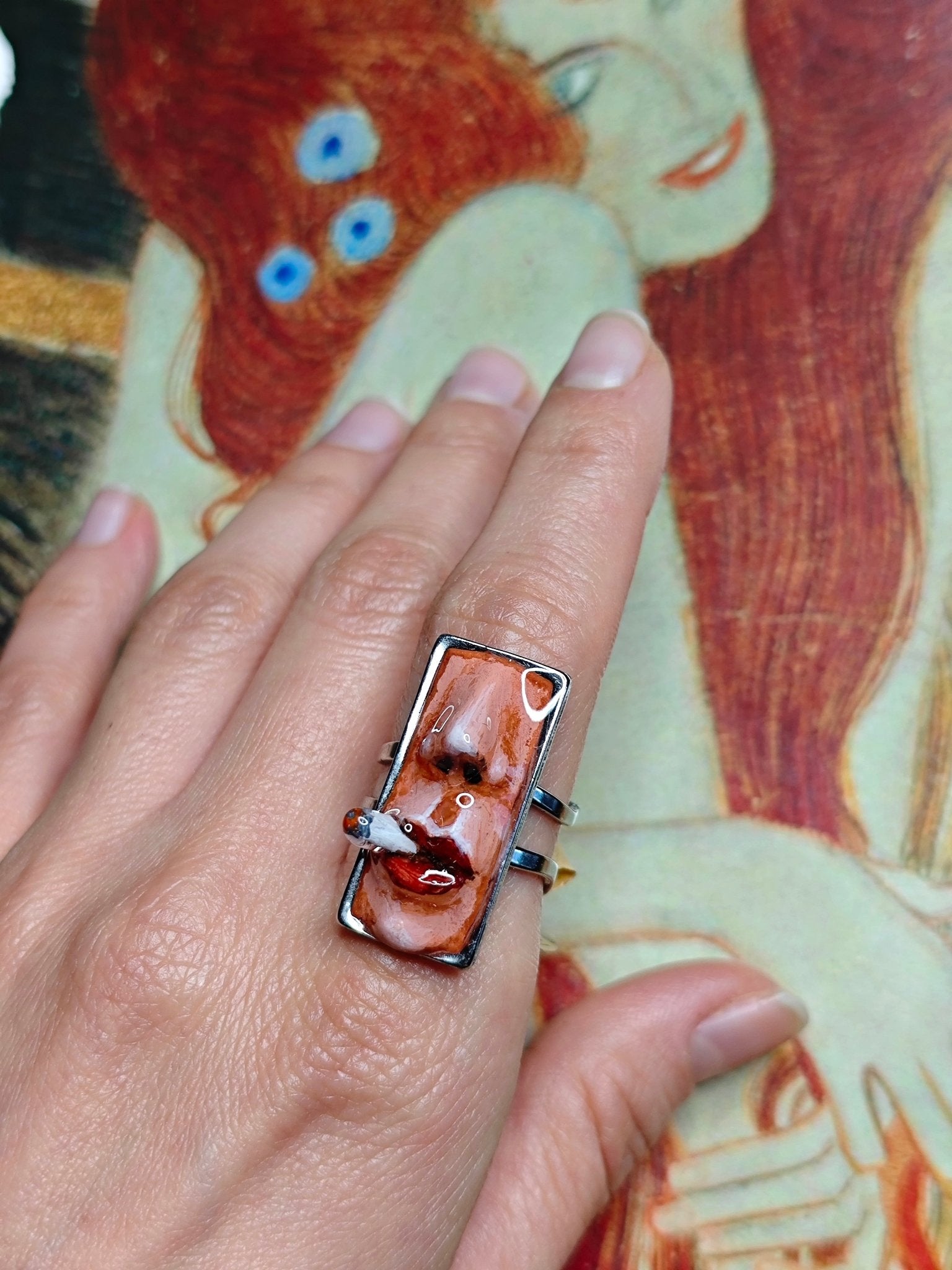 Smoking Cigar Ring – Handmade Clay & Resin Surreal Statement Jewelry with Adjustable Stainless Steel Band - SAMA