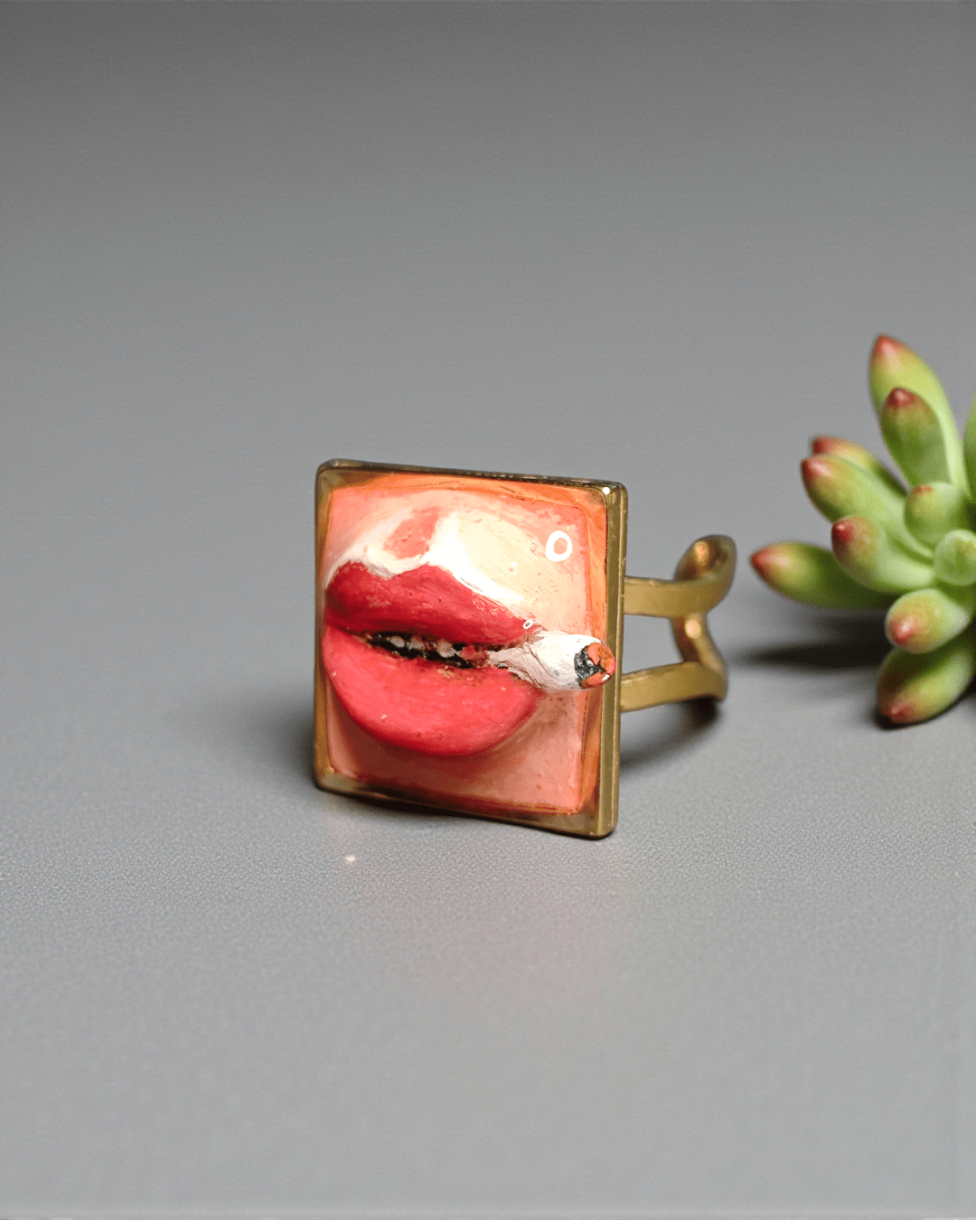Smoking Cigar Ring – Handmade Clay & Resin Surreal Statement Jewelry with Adjustable Stainless Steel Band - SAMA