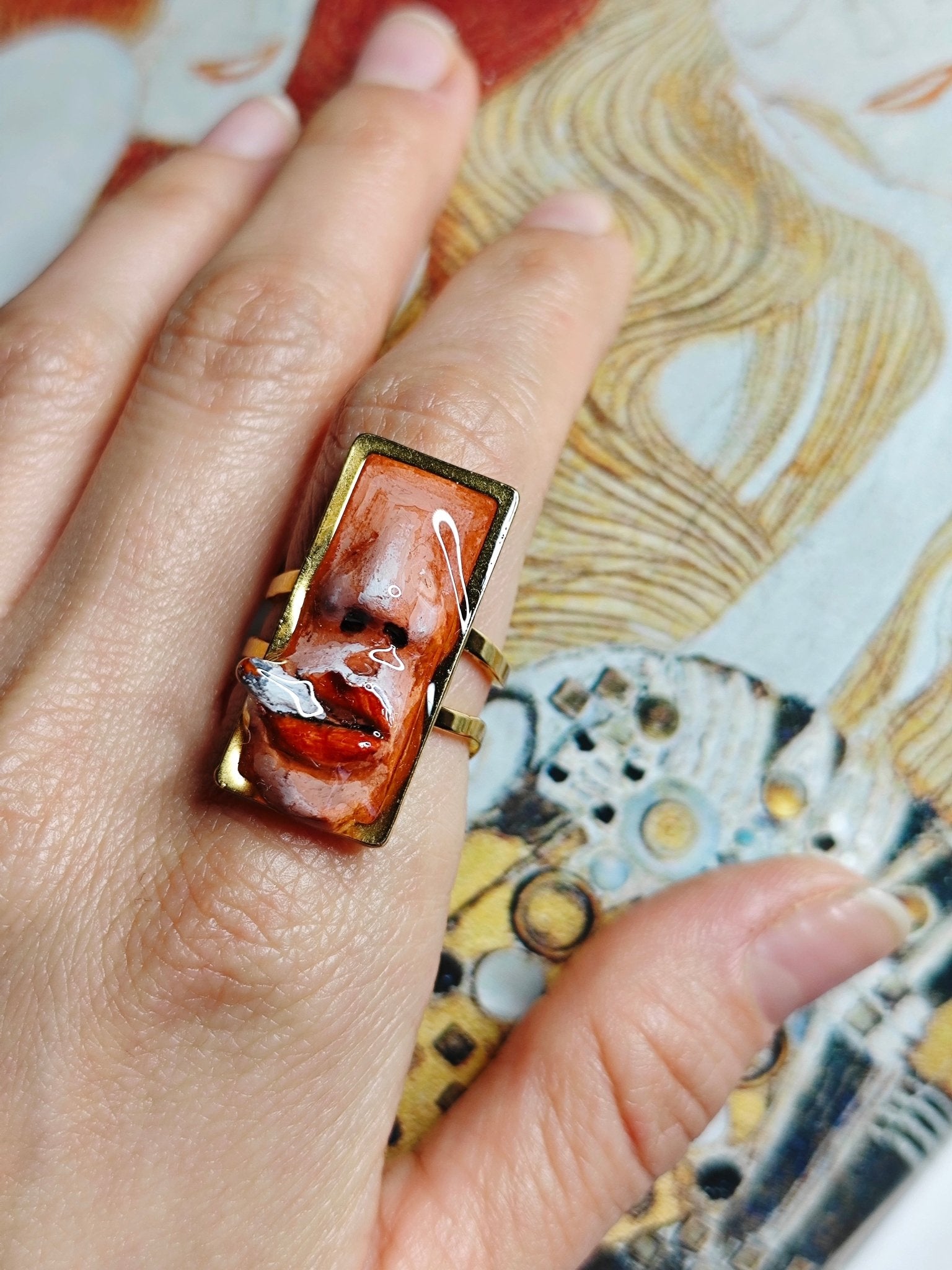 Smoking Cigar Ring – Handmade Clay & Resin Surreal Statement Jewelry with Adjustable Stainless Steel Band - SAMA