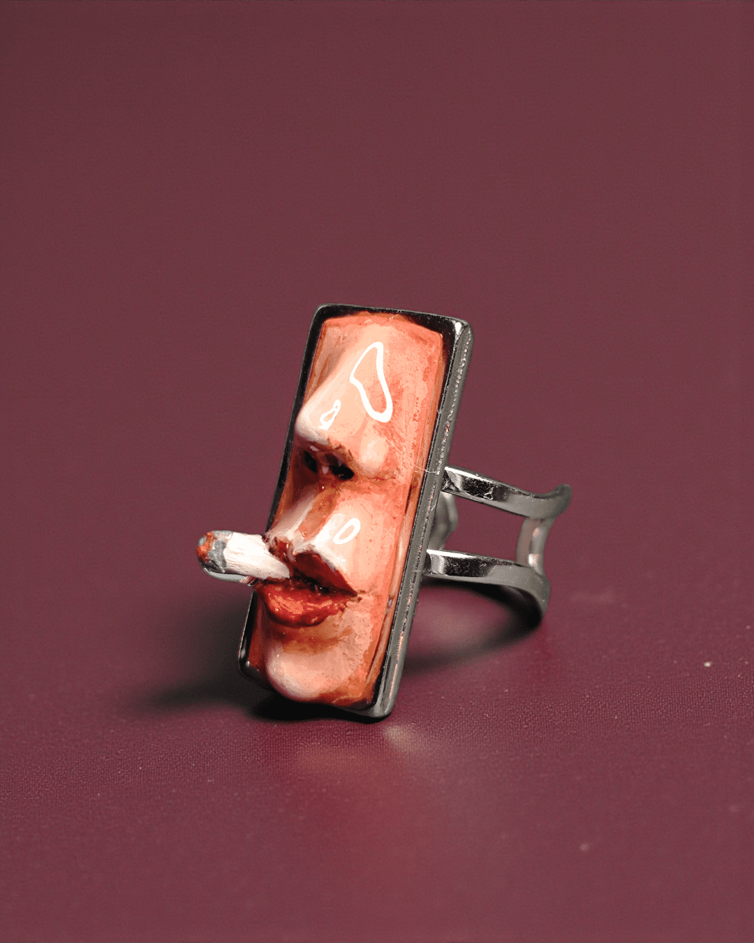 Smoking Cigar Ring – Handmade Clay & Resin Surreal Statement Jewelry with Adjustable Stainless Steel Band - SAMA