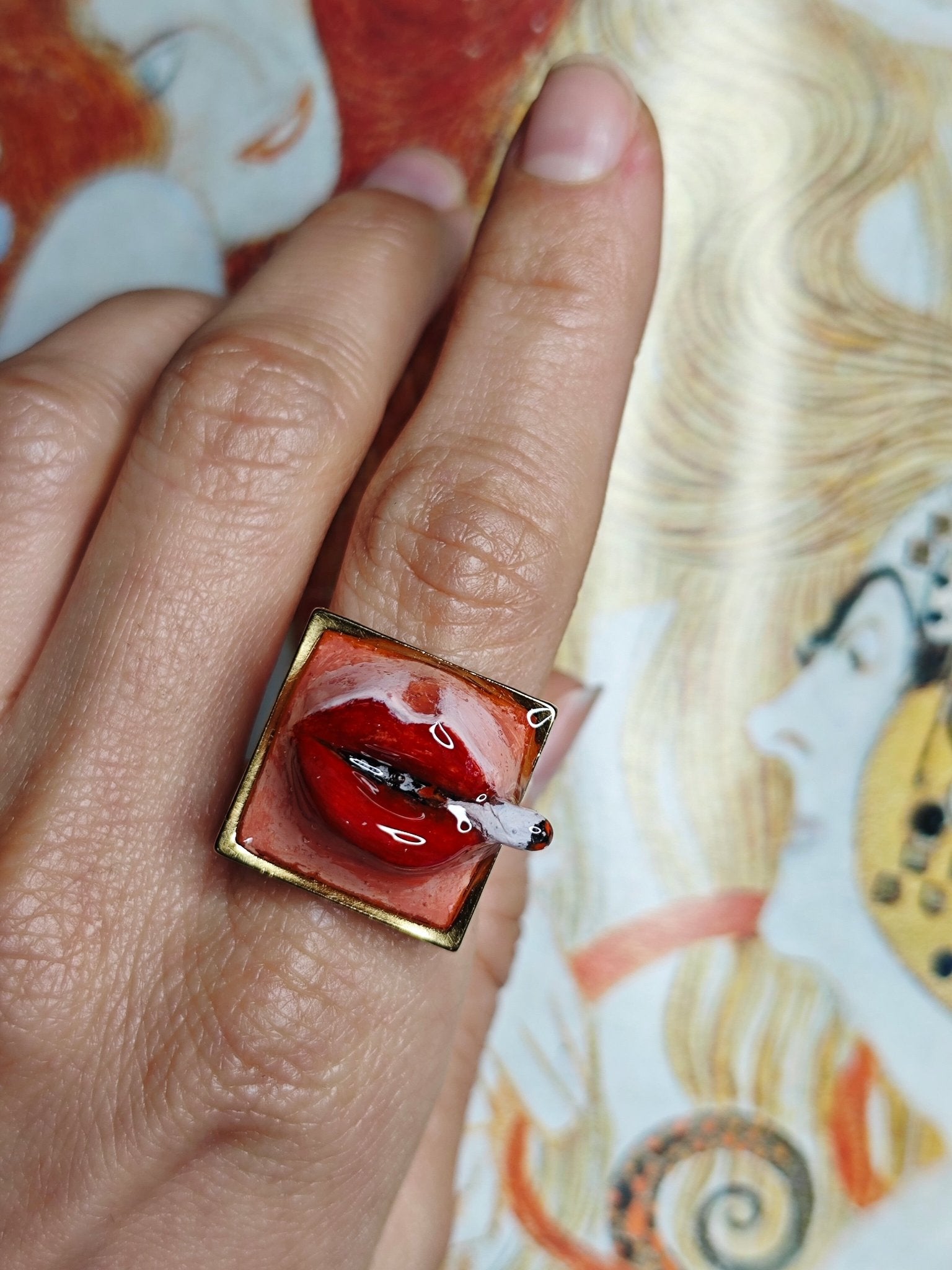 Smoking Cigar Ring – Handmade Clay & Resin Surreal Statement Jewelry with Adjustable Stainless Steel Band - SAMA