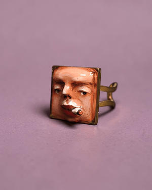 Smoking Cigar Square Frame Ring – Handmade Clay & Resin Surreal Statement Jewelry, Sculptural Wearable Art with Adjustable Stainless Steel Band - SAMA