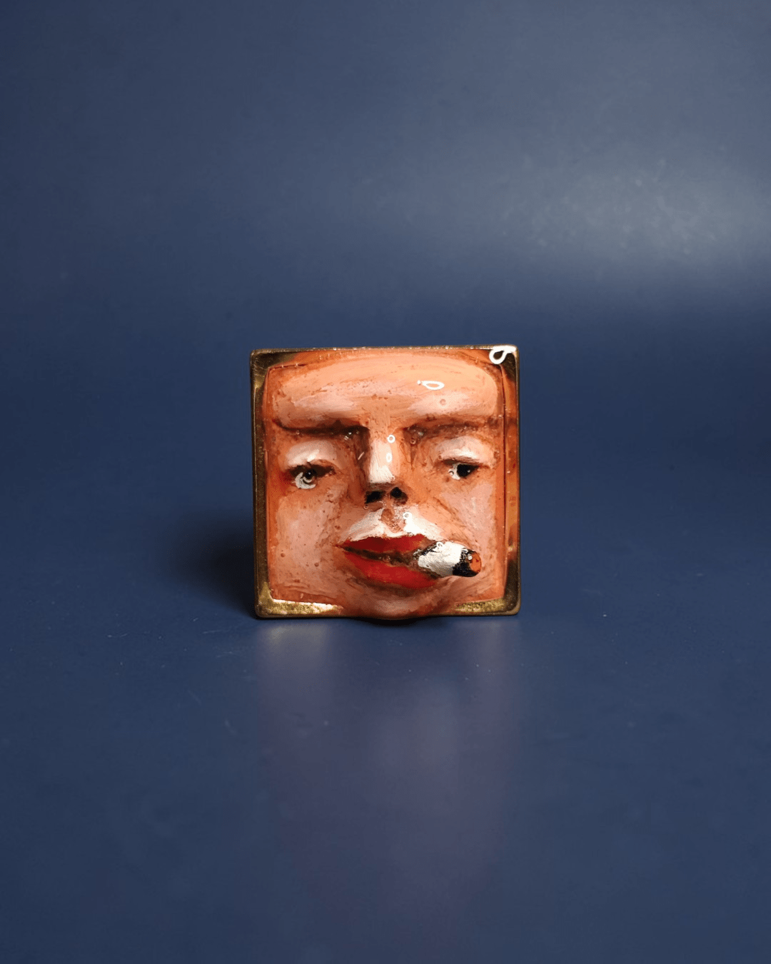 Smoking Cigar Square Frame Ring – Handmade Clay & Resin Surreal Statement Jewelry, Sculptural Wearable Art with Adjustable Stainless Steel Band - SAMA