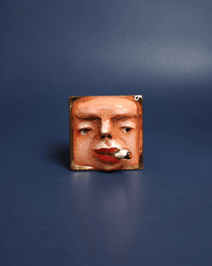 Smoking Cigar Square Frame Ring – Handmade Clay & Resin Surreal Statement Jewelry, Sculptural Wearable Art with Adjustable Stainless Steel Band - SAMA