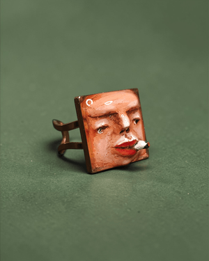 Smoking Cigar Square Frame Ring – Handmade Clay & Resin Surreal Statement Jewelry, Sculptural Wearable Art with Adjustable Stainless Steel Band - SAMA