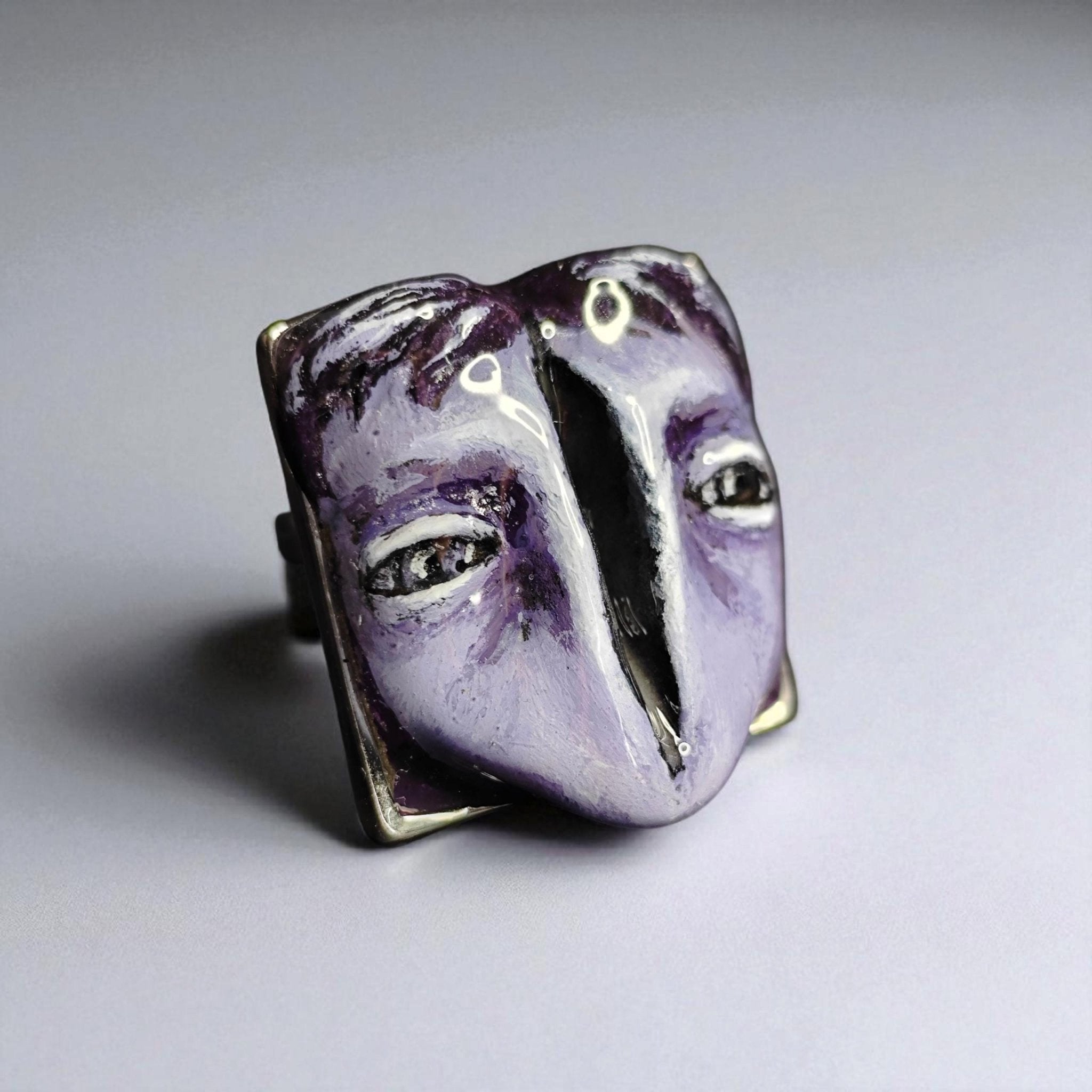 Split Face Glow Ring – Handmade Clay Statement Jewelry with Glowing Gap, Surreal Wearable Art on Adjustable Stainless Steel Band OOAK