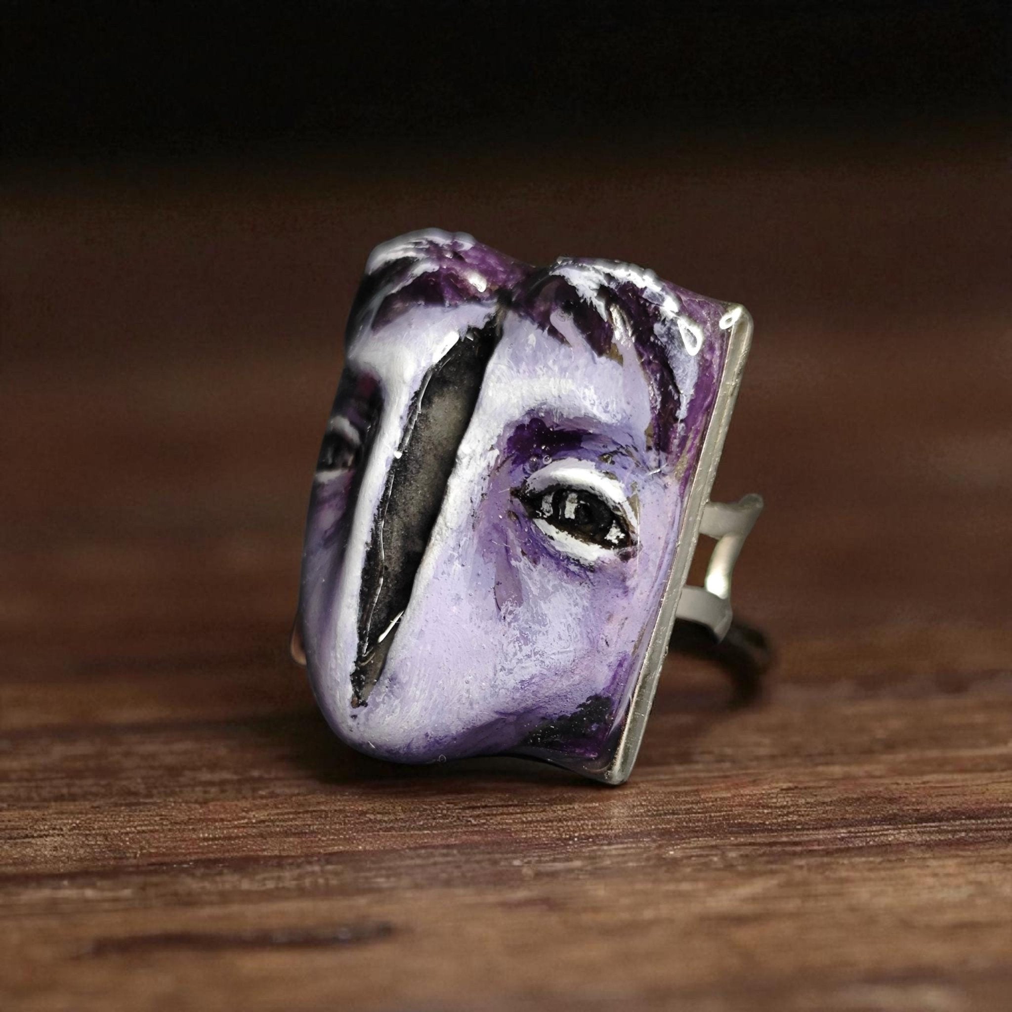 Split Face Glow Ring – Handmade Clay Statement Jewelry with Glowing Gap, Surreal Wearable Art on Adjustable Stainless Steel Band OOAK