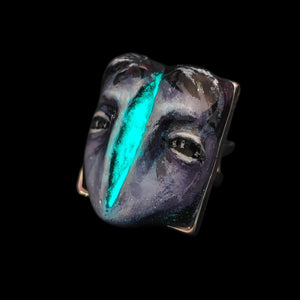 Split Face Glow Ring – Handmade Clay Statement Jewelry with Glowing Gap, Surreal Wearable Art on Adjustable Stainless Steel Band OOAK