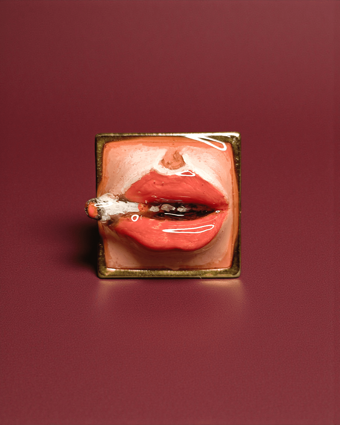 Square Smoking Cigar Ring – Handmade Clay & Resin Surreal Statement Jewelry with Adjustable Stainless Steel Band - SAMA