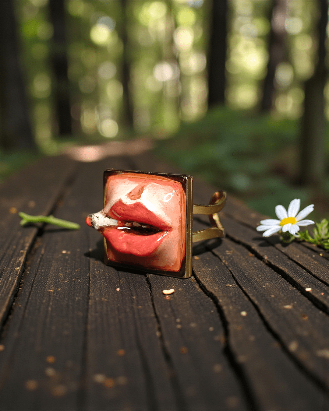 Square Smoking Cigar Ring – Handmade Clay & Resin Surreal Statement Jewelry with Adjustable Stainless Steel Band - SAMA
