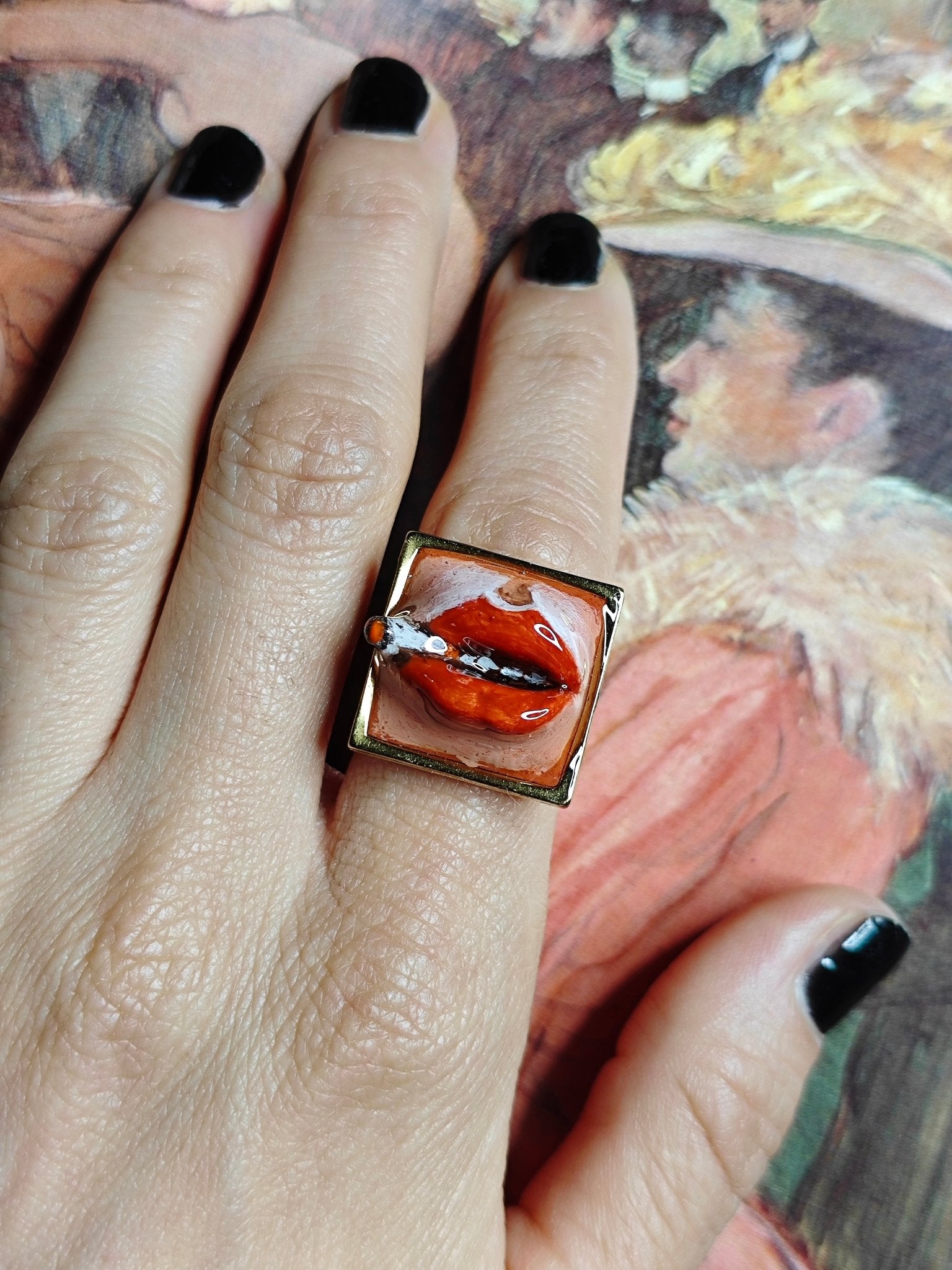 Square Smoking Cigar Ring – Handmade Clay & Resin Surreal Statement Jewelry with Adjustable Stainless Steel Band - SAMA