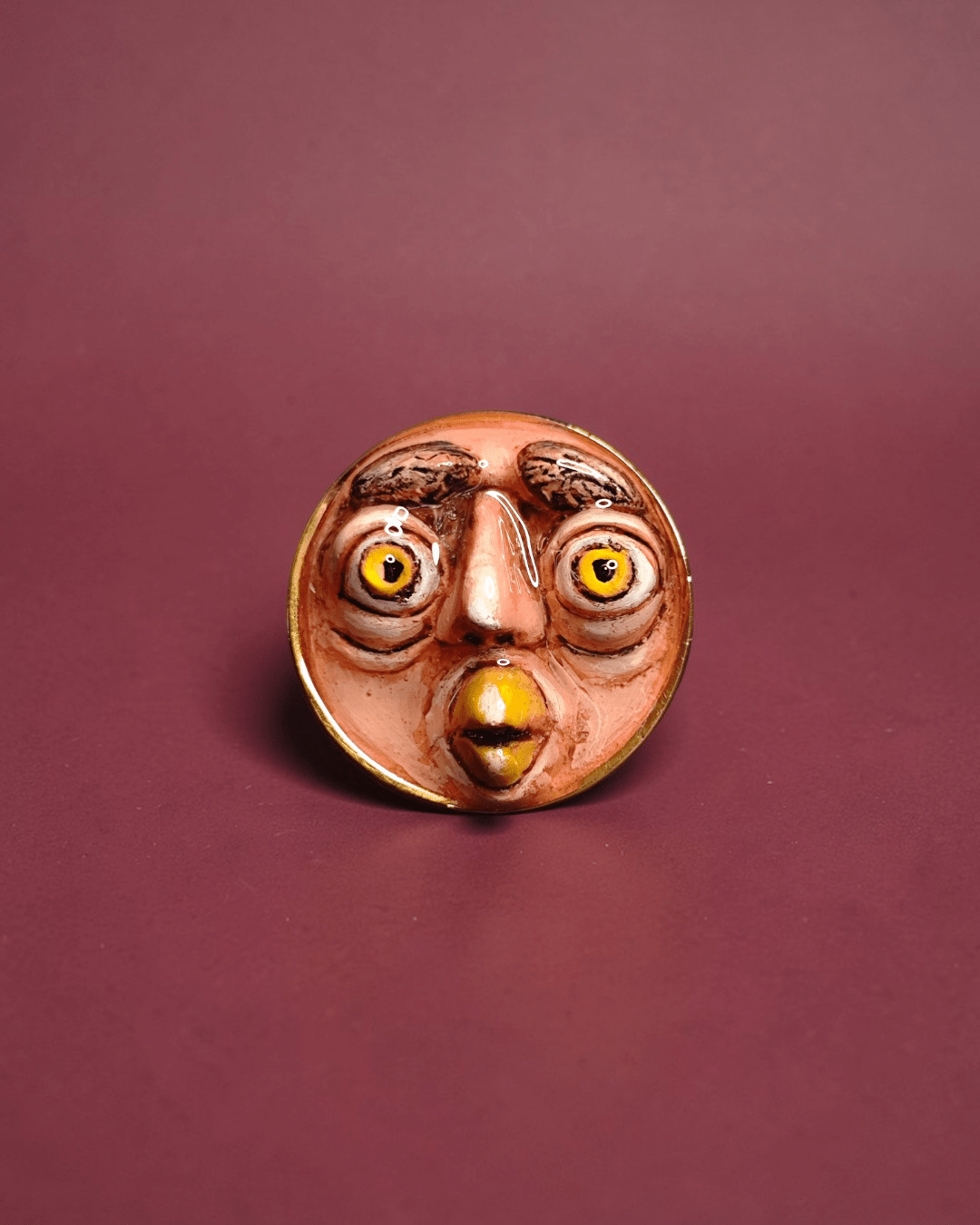 Surprised Owl Ring – Handmade Clay & Resin Surreal Statement Jewelry, Sculptural Fantasy Wearable Art with Adjustable Stainless Steel Band - SAMA