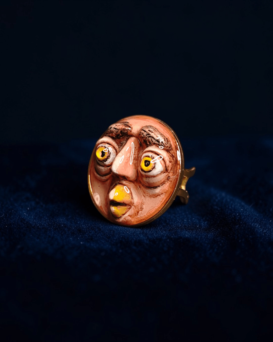 Surprised Owl Ring – Handmade Clay & Resin Surreal Statement Jewelry, Sculptural Fantasy Wearable Art with Adjustable Stainless Steel Band - SAMA