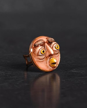 Surprised Owl Ring – Handmade Clay & Resin Surreal Statement Jewelry, Sculptural Fantasy Wearable Art with Adjustable Stainless Steel Band - SAMA