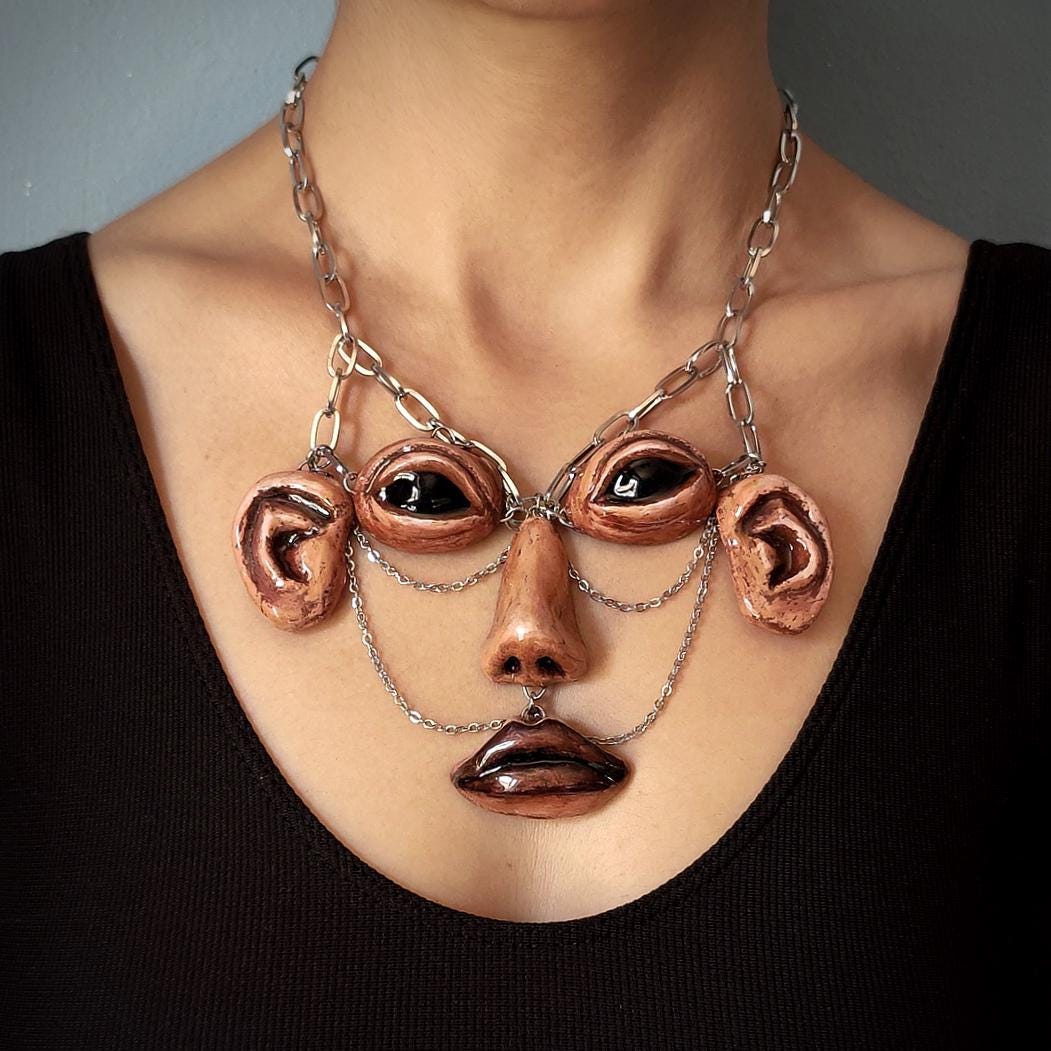 The Observer Necklace – Handmade Clay & Resin Surreal Statement Jewelry, Sculptural Full-Face Stainless Steel Wearable Art OOAK